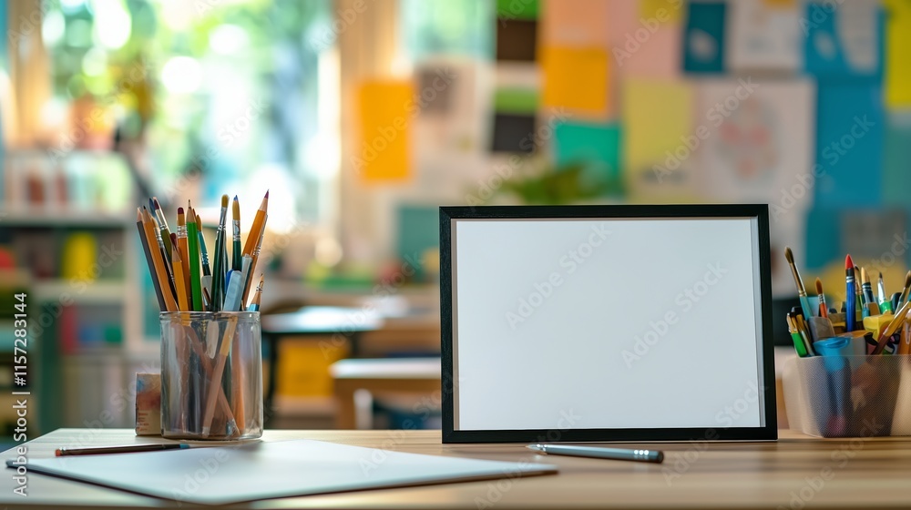The foreground is a tabletop, occupying a quarter of the picture. The background is a study room, with bright colors and blurred background. The foreground is a tabletop, occupying a quarter of the picture. The background is a study room, with bright colors and blurred background.