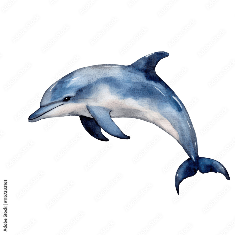 Fototapeta premium Dolphin watercolor illustration with shimmering waves, symbolizing freedom and playfulness. PNG transparent background.