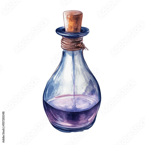 Potion bottle watercolor illustration with magical hues, evoking creativity and mystique. PNG transparent background.