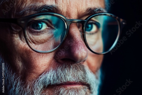 An elderly man with glasses makes intense eye contact, conveying wisdom and a life full of experiences, underlined by his serious expression and clarity.