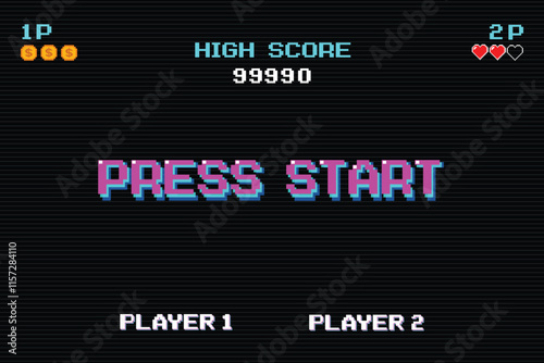 PRESS START. INSERT A COIN TO CONTINUE. pixel art .8 bit game. retro game. for game assets. Retro Futurism Sci-Fi Background. glowing neon grid. and stars from vintage arcade computer games
