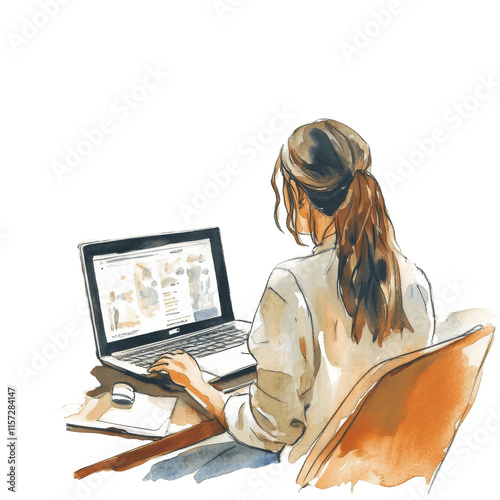 Telework watercolor illustration with sleek tools, reflecting innovation in modern workspaces. PNG transparent background.