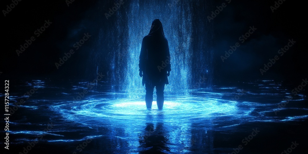 Mysterious Hacker Silhouette with Glowing Blue Background Mysterious Hacker Silhouette with Glowing Blue Background