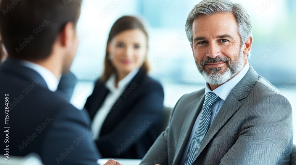 A professional meeting scene featuring a smiling man in a suit, engaged in conversation with colleagues, showcasing teamwork and confidence. A professional meeting scene featuring a smiling man in a suit, engaged in conversation with colleagues, showcasing teamwork and confidence.
