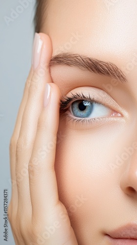 Repairing hydration in aging skin concept. A close-up of a woman's face highlighting her blue eye and delicate features, with her hand gently resting against her cheek.