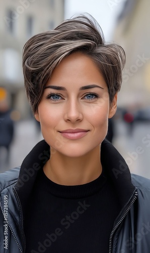 A woman with short hair wearing a black jacket and a black turtle neck sweater photo