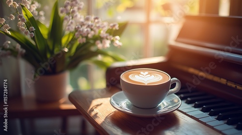 Coffee, piano, and flowers