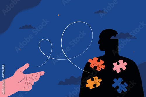 A helping hand extended to a person who has puzzle pieces inside. This illustration symbolizes psychotherapy and the importance of support in difficult times.