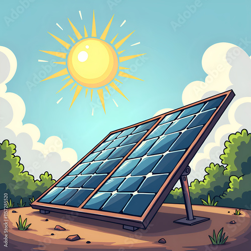 A bright solar panel under a sunny sky surrounded by lush greenery, digital illustration of nature and technology concept. photo