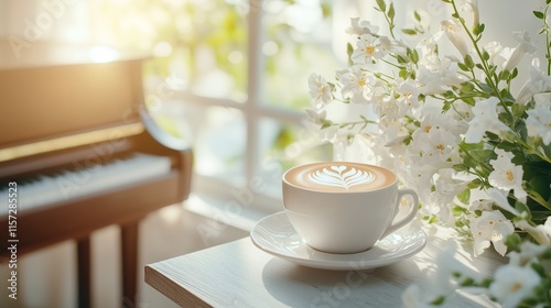 Coffee, piano, and flowers photo