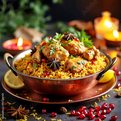 AI generated bowl of spicy chicken biryani with lemon on Ramadan.