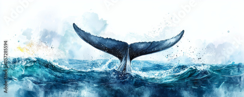 majestic whale tail gracefully disappears beneath ocean waves, surrounded by splashes of water and serene blue seascape in this watercolor inspired artwork photo