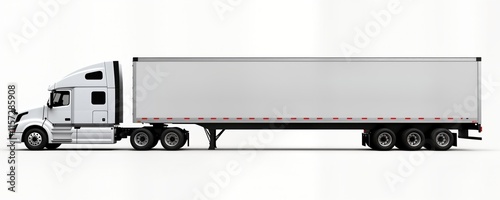 White semi truck side view on transparent background. Empty cargo trailer for commercial transport. Modern vehicle for logistic industry. Ideal for import export business. Heavy duty transportation.