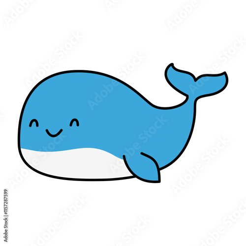 Simple, blue cartoon whale is smiling and swimming in the ocean.