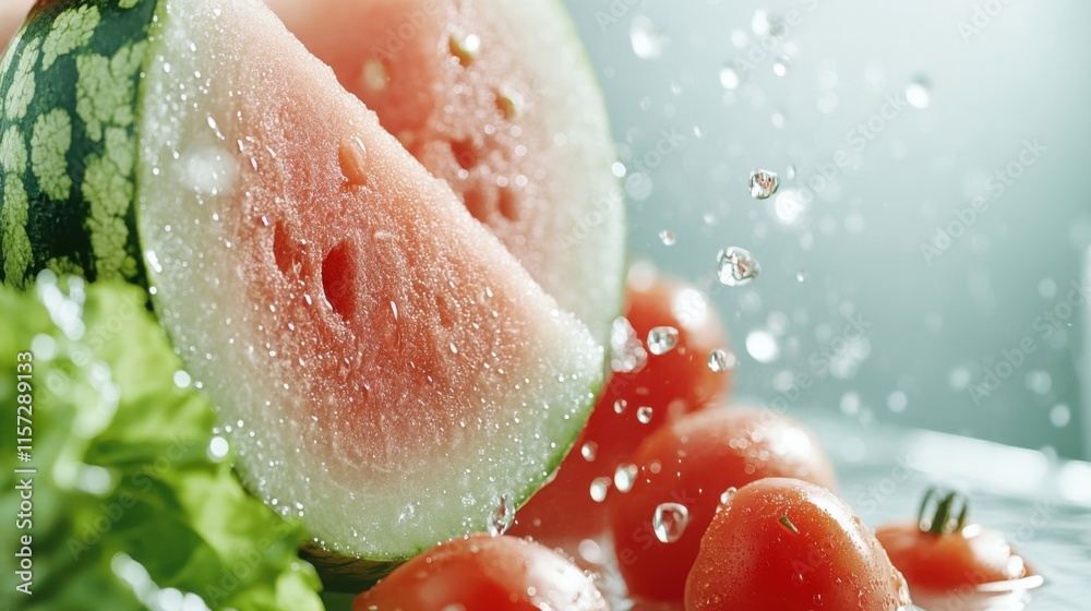 Fototapeta premium Fresh watermelon slices and ripe tomatoes sparkle with droplets, highlighting nature's vibrant bounty in the spring season