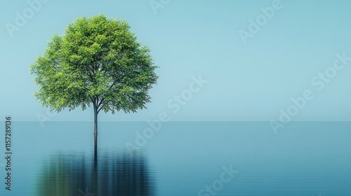 Solitary tree reflected in calm water.
