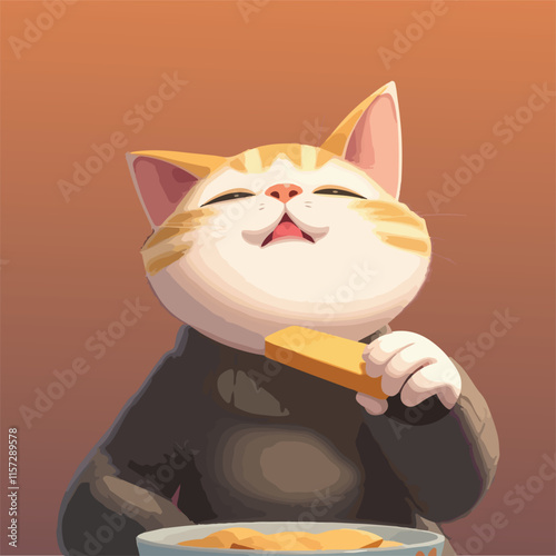 Cute funny cat in sweater, licking food from muzzle with tongue. Comic adorable kawaii feline pet, humor kitty sitting in clothing, eating. Flat vector illustration isolated on white