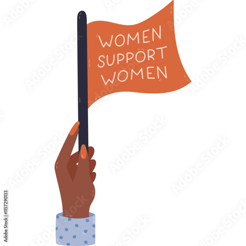 Cute cartoon clipart of lady hand holding feminist placard with lettering Women support women. Feminism, solidarity, girl power concept. Hand drawn female movement sign isolated on white background.