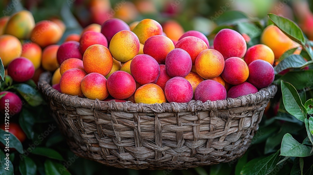A wicker basket overflowing with ripe, colorful plums. A wicker basket overflowing with ripe, colorful plums.