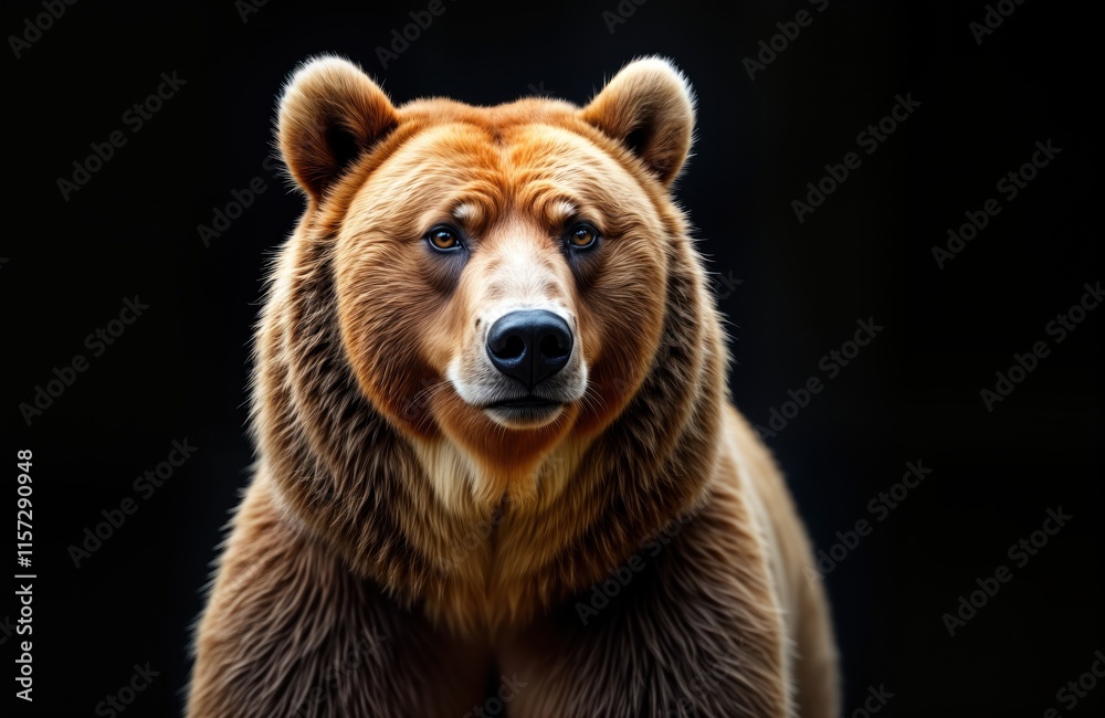 Studio portrait of brown grizzly bear. Close-up view of face, fur. Powerful animal looking directly at camera. Wild animal in zoo nature reserve. Dramatic lighting highlights fur texture. Intense Studio portrait of brown grizzly bear. Close-up view of face, fur. Powerful animal looking directly at camera. Wild animal in zoo nature reserve. Dramatic lighting highlights fur texture. Intense