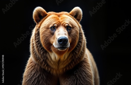 Studio portrait of brown grizzly bear. Close-up view of face, fur. Powerful animal looking directly at camera. Wild animal in zoo nature reserve. Dramatic lighting highlights fur texture. Intense photo