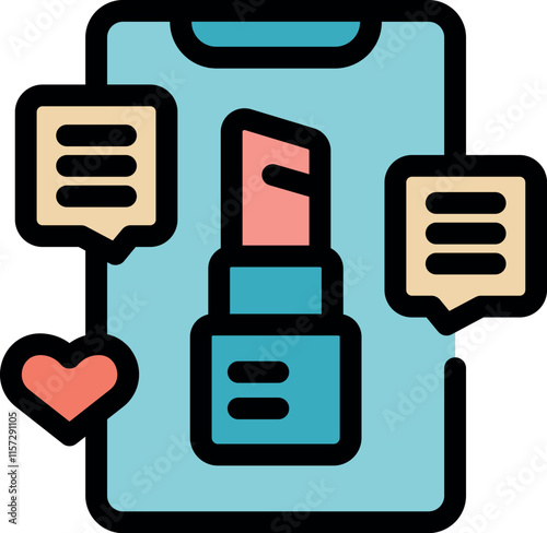 Lipstick displayed on smartphone screen, accompanied by chat bubbles and a heart, symbolizing online cosmetics promotion and engagement