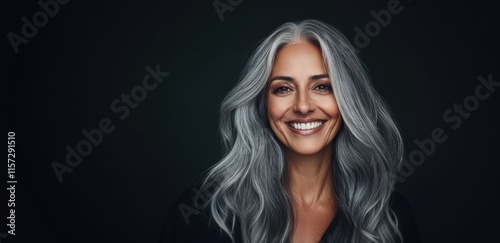 Beautiful woman with long gray hair smiling cheerfully