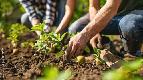 New sapling being carefully planted to restore green spaces. photo