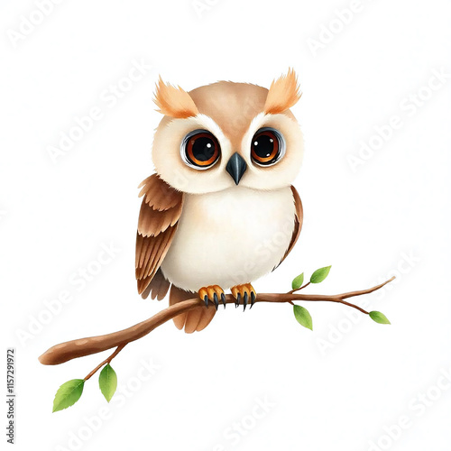 Lovely animated owl character perched on a branch with leaves photo