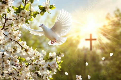 In a serene Easter scene, a white dove flies through a vibrant landscape of blossoming trees and a radiant cross, symbolizing the renewal, peace, and hope of spring and the joy of the celebration