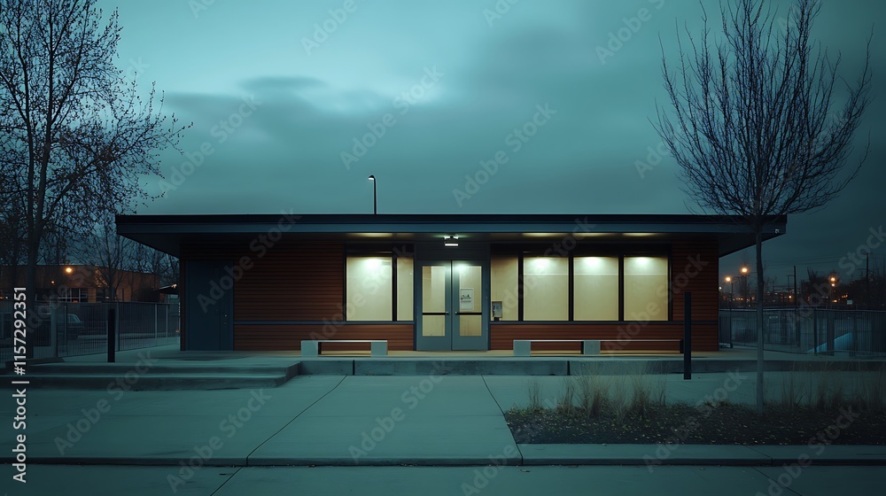 Fototapeta premium Modern building at dusk, illuminated windows, concrete pathway, minimalist design, trees.