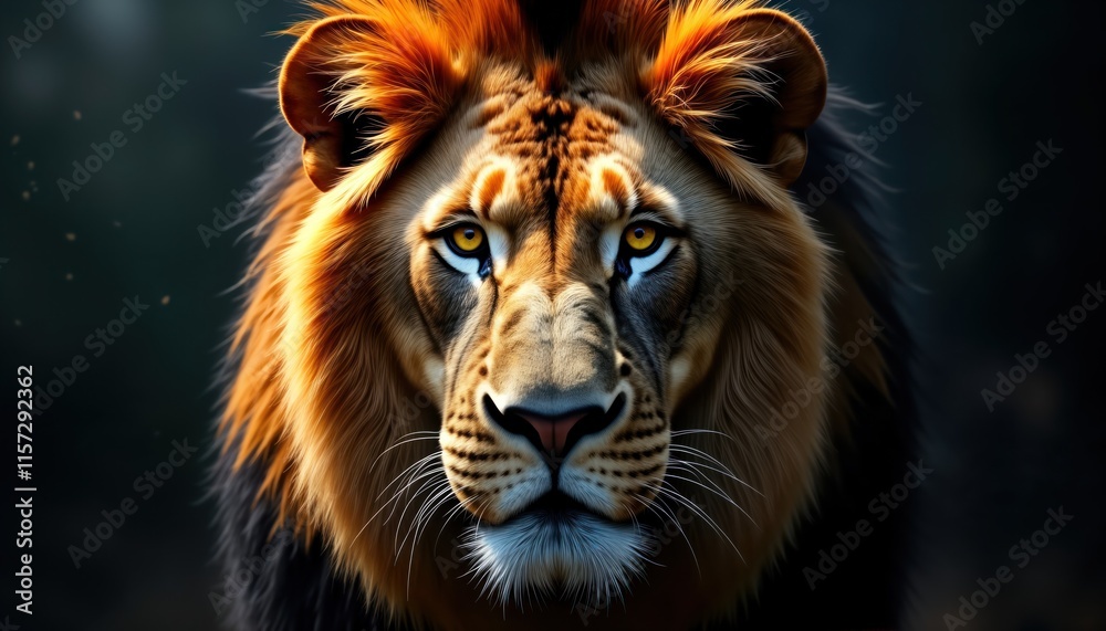 Naklejka premium Majestic lion portrait close up. Fierce lion face emerges from darkness. Mane backlit. Eyes gleam with intensity. Powerful animal in wild nature. Predator closeup. African safari. Noble king of