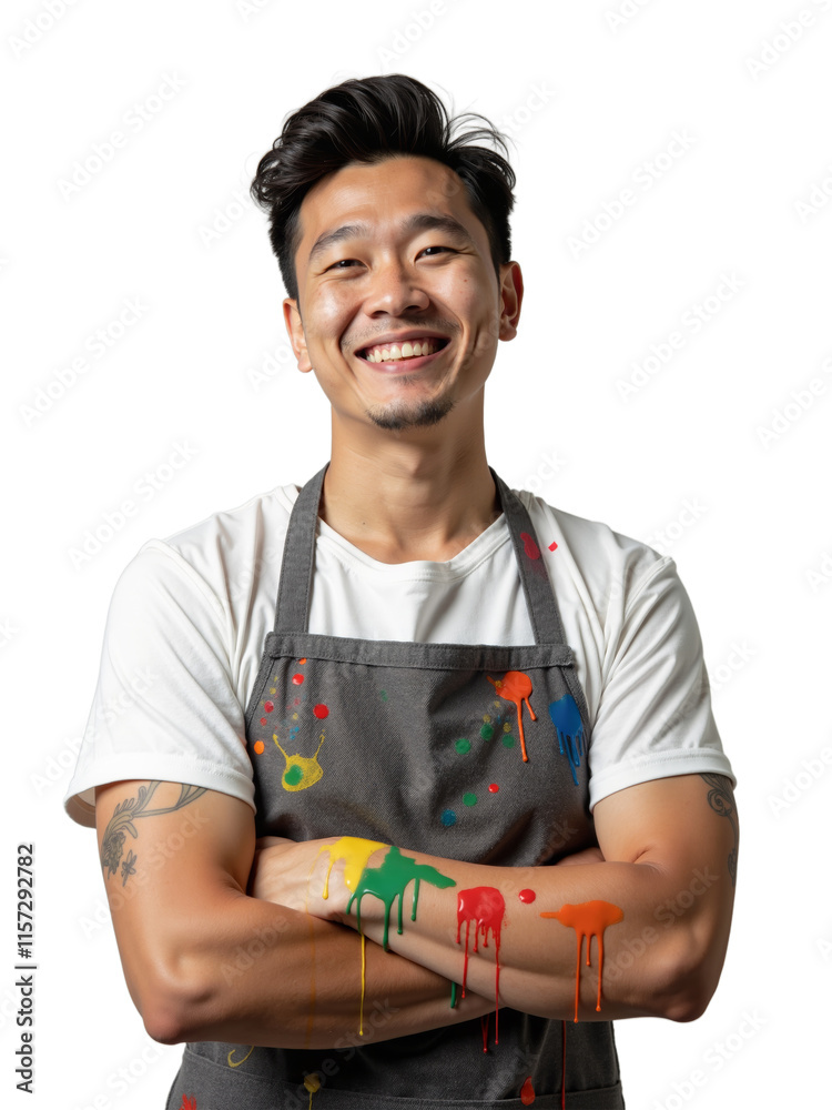 Cheerful artist with colorful paint splatters on apron poses confidently against an isolated background Cheerful artist with colorful paint splatters on apron poses confidently against an isolated background
