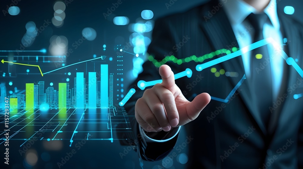 Futuristic Business Vision Hand Pointing at 3D Holographic Growth Graph Futuristic Business Vision Hand Pointing at 3D Holographic Growth Graph