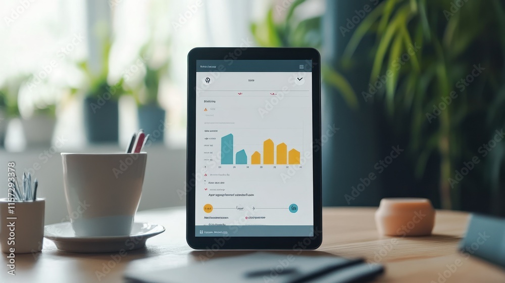 Tablet displaying data graphs on wooden desk. Tablet displaying data graphs on wooden desk.