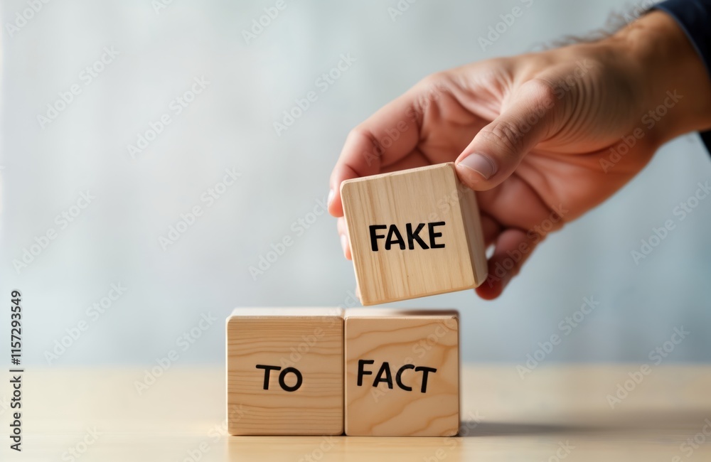 Business person chooses fact over fake. Hand flips wooden block saying FAKE over another block saying TO FACT. Image portrays concept of truth, accuracy in information. Pro context suggests media Business person chooses fact over fake. Hand flips wooden block saying FAKE over another block saying TO FACT. Image portrays concept of truth, accuracy in information. Pro context suggests media