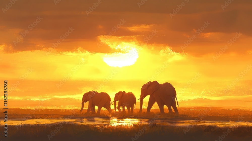 Fototapeta premium Silhouetted elephant family at sunset in African savanna.