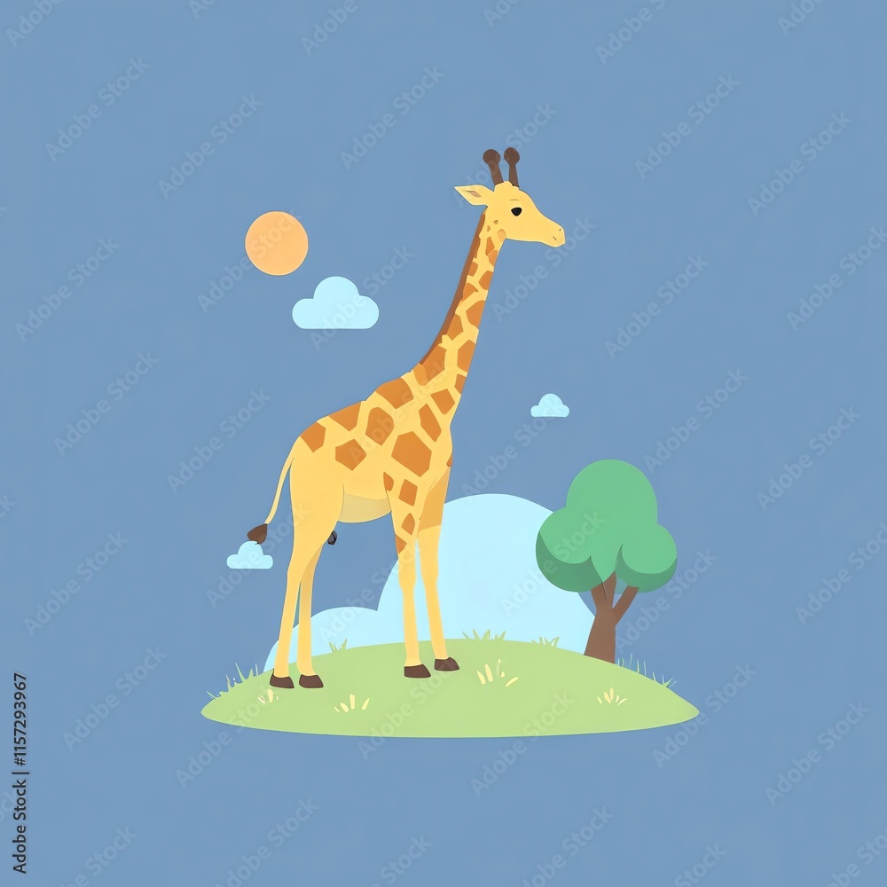 Fototapeta premium Gentle Giraffe in Serene Meadow: A Whimsical Illustration