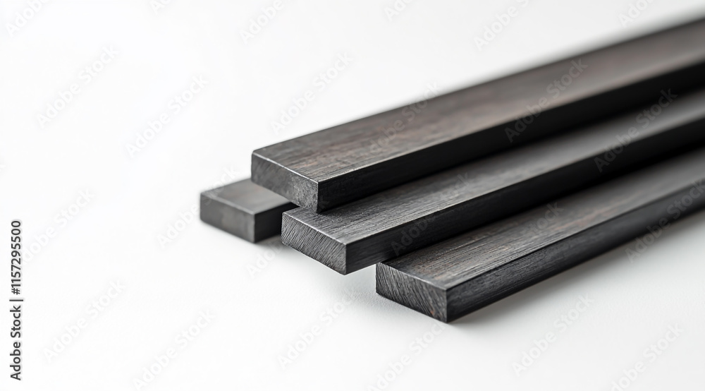 Black steel flat bars, three pieces stacked together on a white background