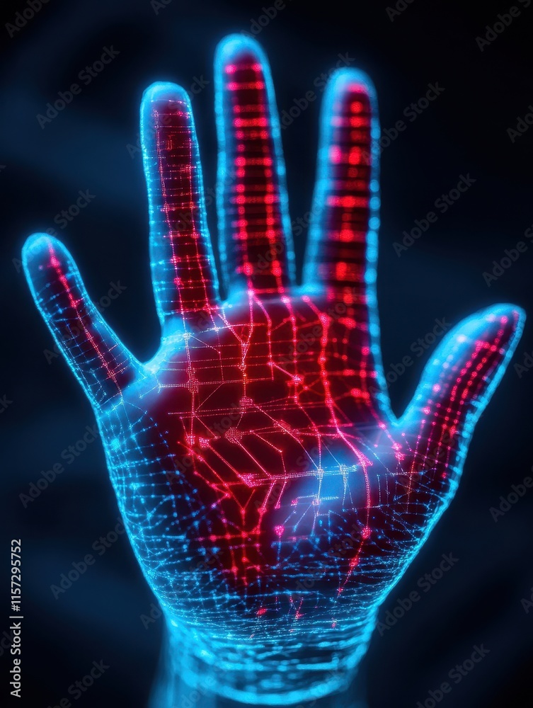 Futuristic Digital Hand with Red and Blue Light Patterns Representing Data Futuristic Digital Hand with Red and Blue Light Patterns Representing Data