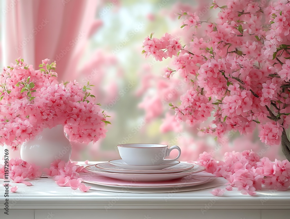 Pink flowers teacup and plates pretty spring scene Pink flowers teacup and plates pretty spring scene