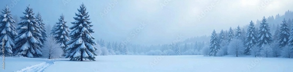 Obraz premium Dense fog wraps around the snow-covered trees, snow covered woods, snow