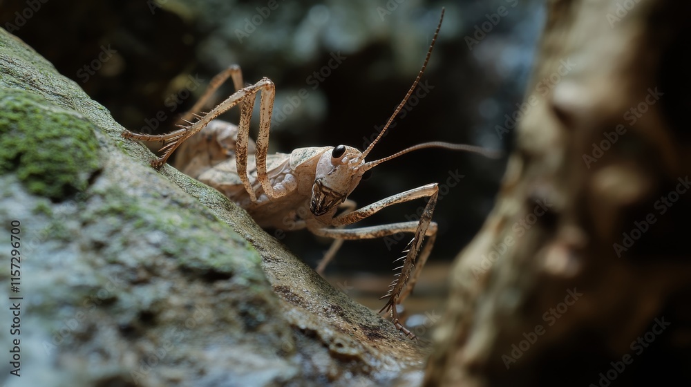 Close-up View of a Cricket Exploring Its Natural Habitat in a Forest Environment During Daylight Hours Close-up View of a Cricket Exploring Its Natural Habitat in a Forest Environment During Daylight Hours