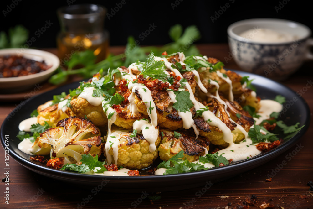 roasted cauliflower and sauce on a plate, roasted cauliflower and sauce on a plate,
