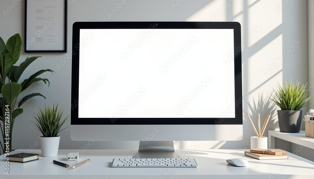 Digital banner mockup on desktop screen, clean workstation setup Digital banner mockup on desktop screen, clean workstation setup