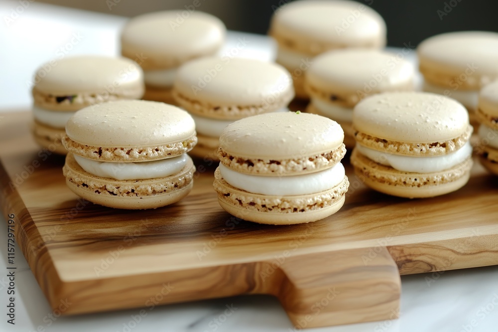 Delicate macarons arranged on wooden board, showcasing creamy fi Delicate macarons arranged on wooden board, showcasing creamy fi