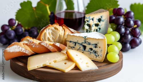 Elegant French Cheese Plate for Bastille Day Celebration with Grapes and Wine photo