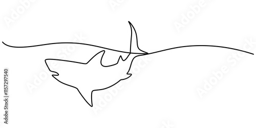 Shark Continuous Line Drawing, One line drawing of a shark. Graphic vector illustration of shark continuous line drawing, Continuous one line drawing of shark fish. Simple illustration of saltwater 