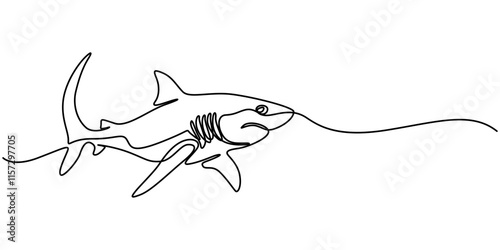 Shark Continuous Line Drawing, One line drawing of a shark. Graphic vector illustration of shark continuous line drawing, Continuous one line drawing of shark fish. Simple illustration of saltwater 