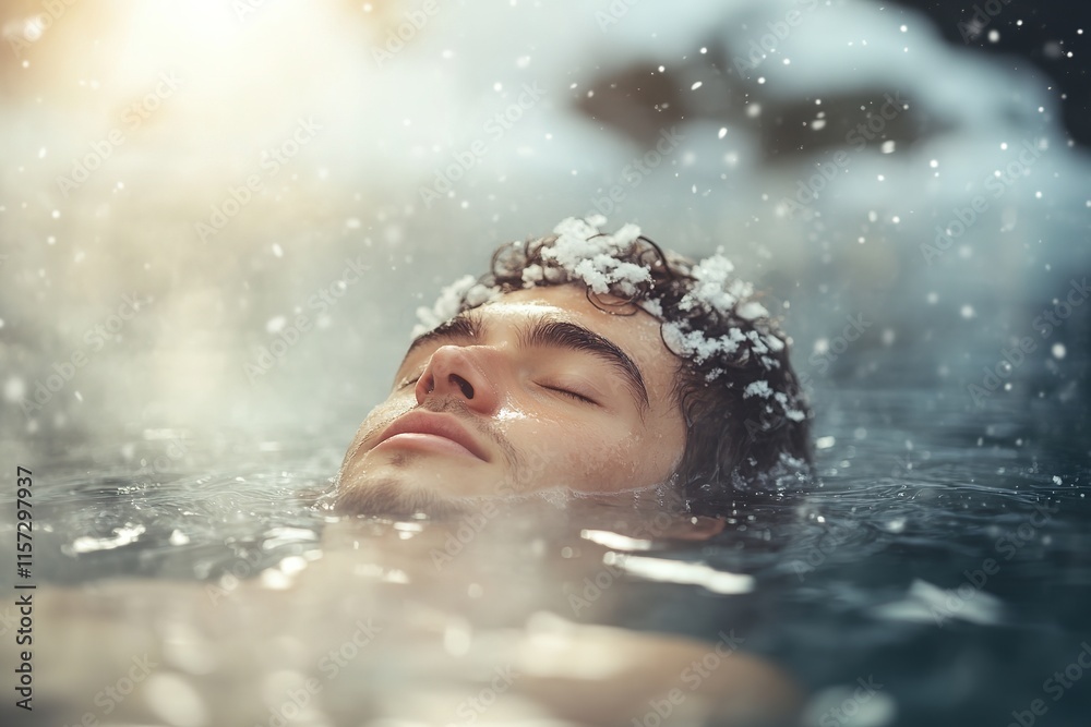 Relaxed individual floating in serene water, surrounded by soft Relaxed individual floating in serene water, surrounded by soft